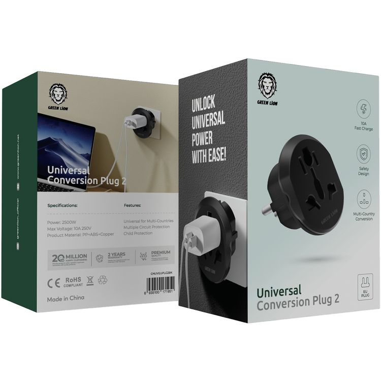 Green Lion Universal Conversion EU Plug 2 with Multi-country conversion, Convenient & portable, 10A fast charge - Black