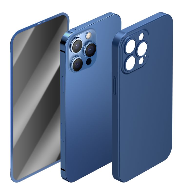 حزمة حماية Green Lion 360° Carsaca Plus مع غطاء PC وحامي شاشة الخصوصية لجهاز iPhone 13 Pro، مقاوم للخدوش وبصمات الأصابع، حماية كاملة 360° - أزرق