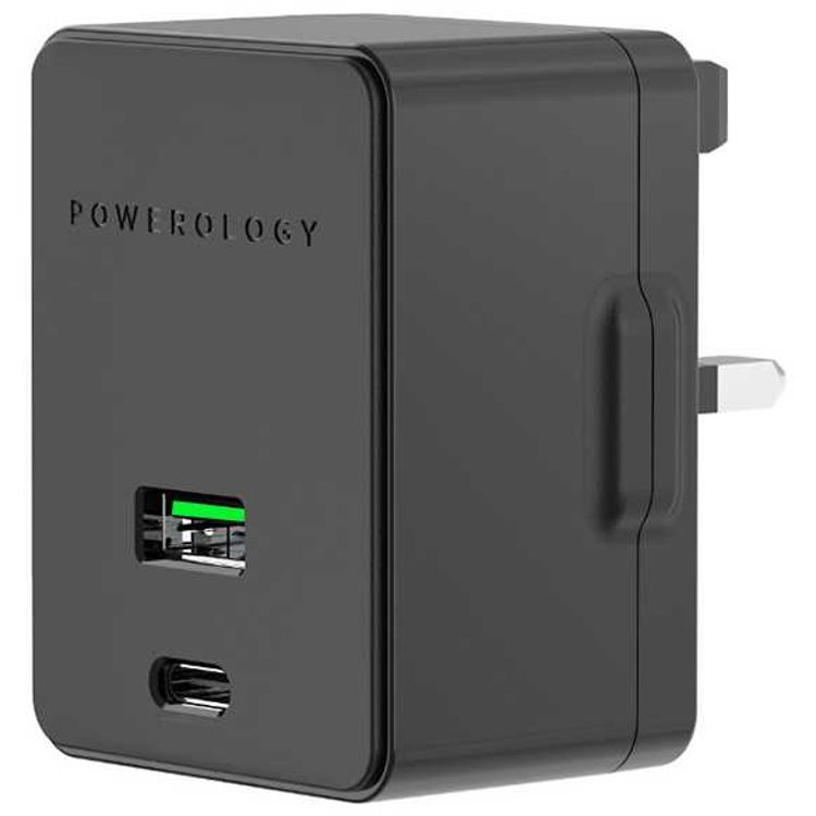 Powerology Ultra-Quick Power Delivery & Quick Charge Wall Charger with Type C Port, Dual Ports 36W Simultaneous Fast Charging for Two Devices, Rubberized Surface, USB-C -Black