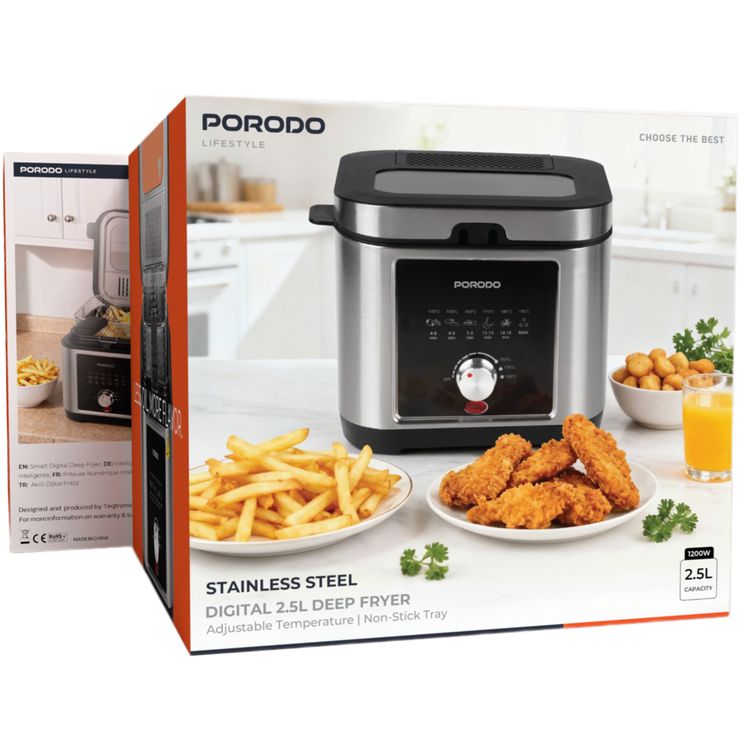 Porodo Stainless Steel 2.5L Deep Fryer with Cool-Touch Handle, 1200W Rated Power, Non-Stick Frying Basket, Adjustable Temperature, Advanced Air Circulation - Silver