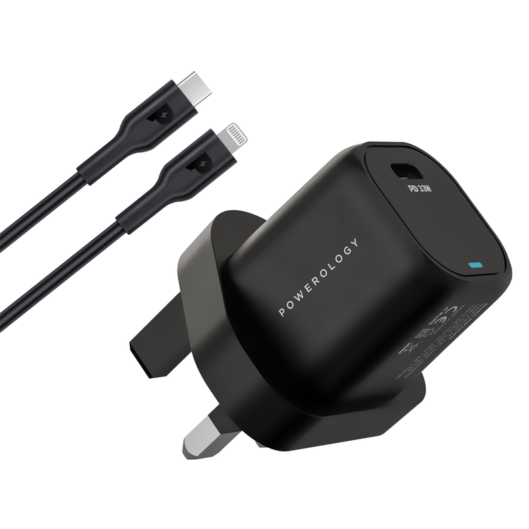 Powerology 33W GaN PD Charger With 1.2m/3.9ft USB-C To USB-C  Cable - Black