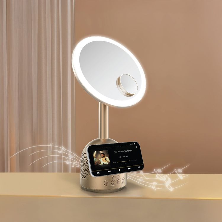 Green Lion Makeup Mirror with Bluetooth Speaker, MagSafe Charger, 3-Level LED Light, Bluetooth Version 5.1, 5000-6500K Color Temperature, 26 LED Beads, 60° Rotation, Type-C Charging Port, ABS & Glass Material - Gold
