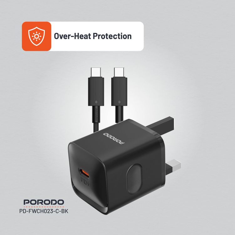 شاحن حائط Porodo USB-C Power Delivery مع كابل USB-C إلى USB-C، بطول 1.2 متر، PD 20W، قابس المملكة المتحدة، حماية من الحرارة الزائدة، رفيق موثوق، شحن متزامن - أسود