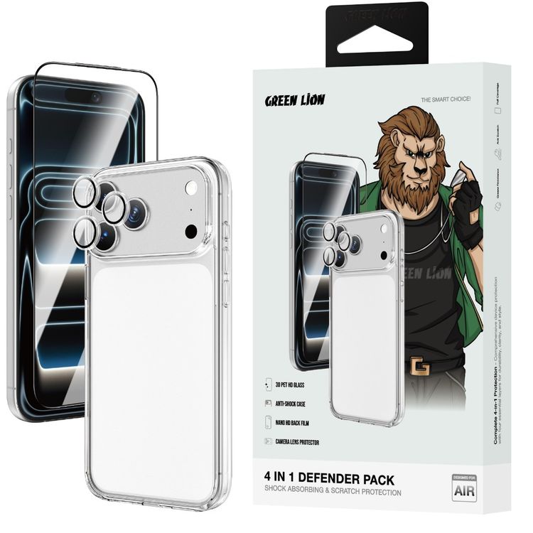 Green Lion 4-in-1 Defender Pack for iPhone 17 Air, Anti-Shock Case, Anti-Fingerprint Camera Lens, Anti-Broken Edges Glass, 360° Comprehensive Protection Case, Anti-Yellowing Case, Anti-Scratch Camera Lens, HD Clarity Glass, Full Protection, High Quality - Clear