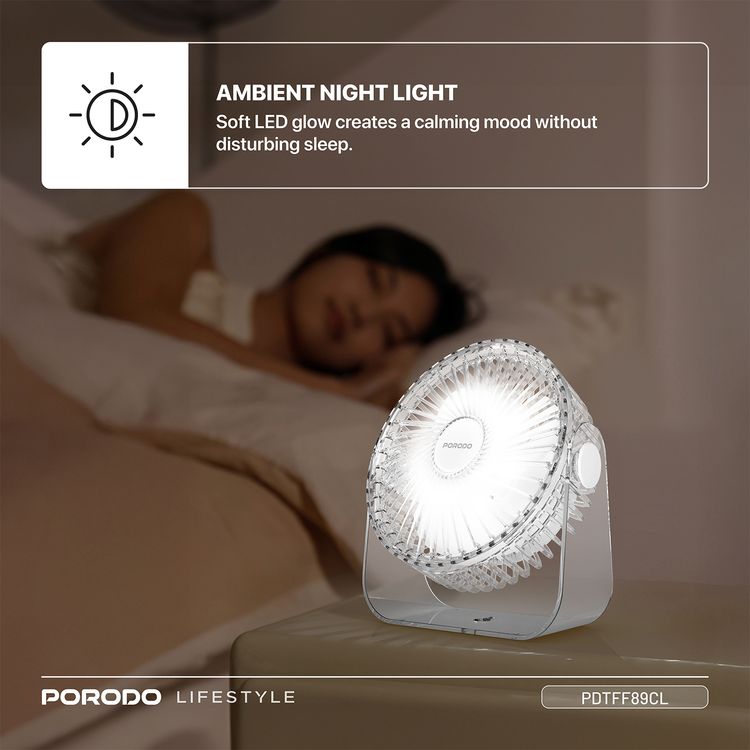 Porodo Portable Transparent Cooling Fan with Nightlight, 120° Oscillation, 3 Speed Levels, 3000mAh Battery Capacity, 3-9.5 Hours Working Time, 2.5 Hours Charging Time, ABS Material, Type-C Charging Interface, Whisper-Quiet Operation - Clear