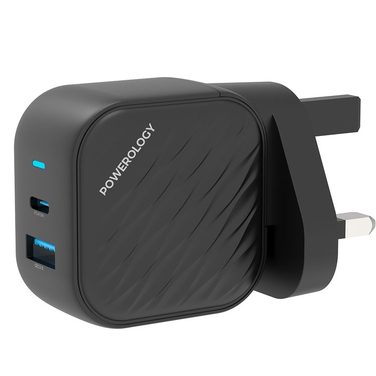 Powerology GaN Dual-Port Wall Charger with 45W Power Delivery, Built-in Safeguards, Universal Compatibility, 1.2A Rated Current, AC 100-240V Rated Voltage - Black