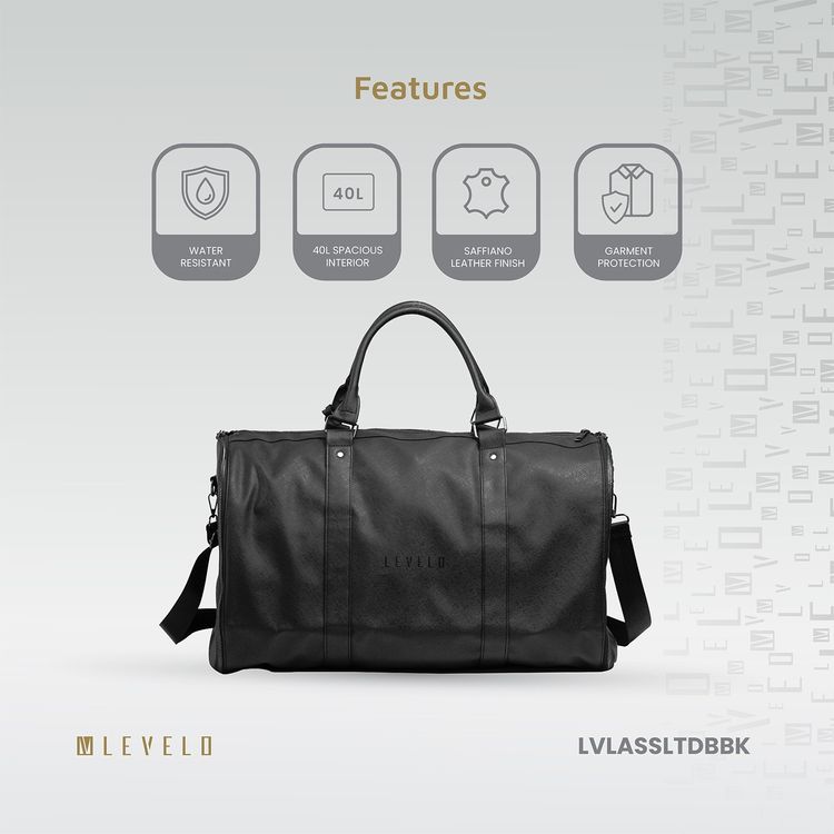 Levelo Allinstyle Saffiano Leather Travel Duffle Bag, 40L Spacious Interior, Comfortable Portability, Water Resistant, Exquisite Safeguarding - Black