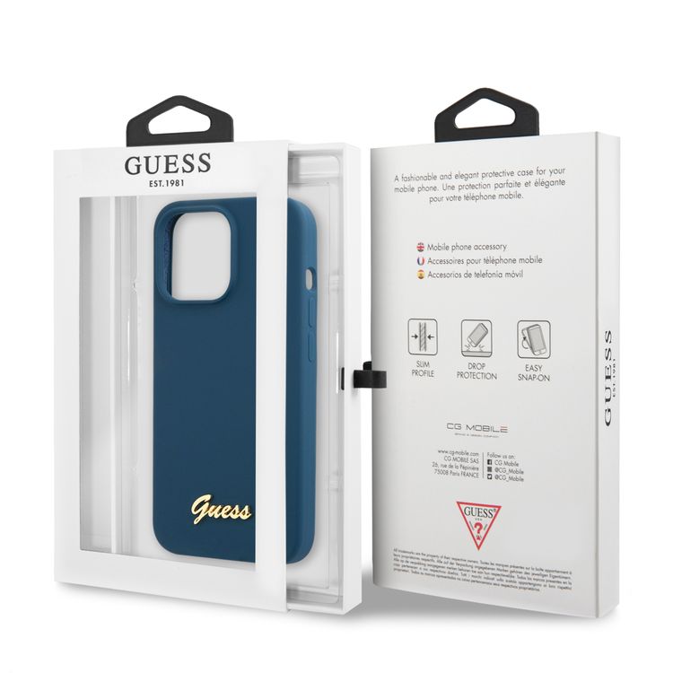 CG MOBILE Guess Liquid Silicone Case with Gold Metal Logo Script Compatible for iPhone 13 Pro (6.1") Anti-Scratch, Easy Access to All Ports, Shock Absorption