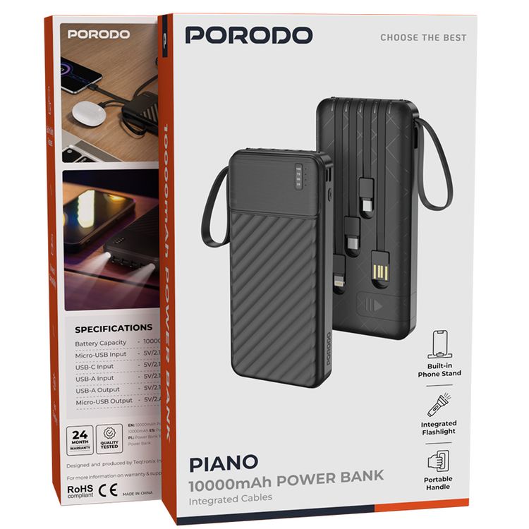 Porodo Piano 10000mAh Power Bank with Flashlight, Portable Handle, Phone Stand, 4 Integrated Cables, USB-A & USB-C & Micro Ports, Fast Charge Support, Universal Compatibility - Black