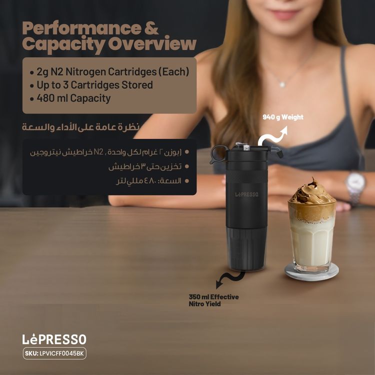 LePresso Nitro Brew Cold Coffee Maker with Pressure Gauge, 480mL Capacity, Nitrogen Gas Bulb Storage, Up to 350mL Effective Nitro Yield per Brew, Removable Tritan Cup - Black