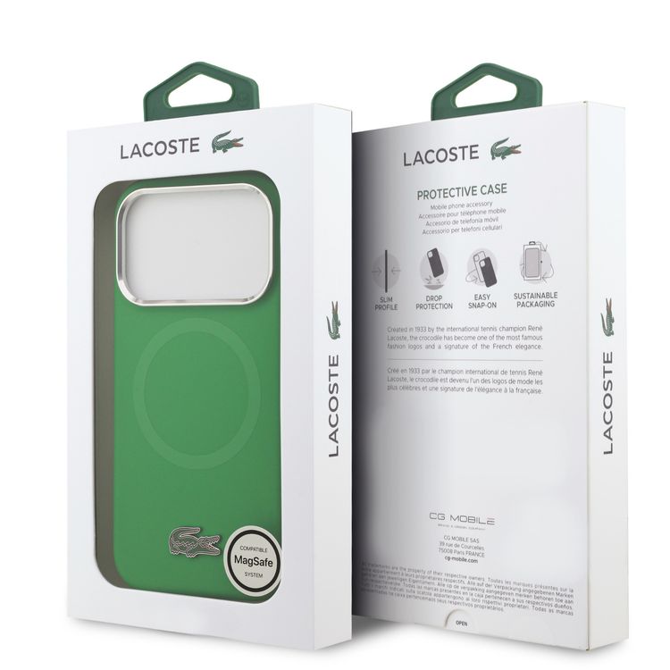 Lacoste MagSafe Silicone Case with Metal Logo for iPhone 17 Pro Max, Drop Protection, Sustainable Packaging, Slim Profile, Easy Snap-On Design - Estragon Green