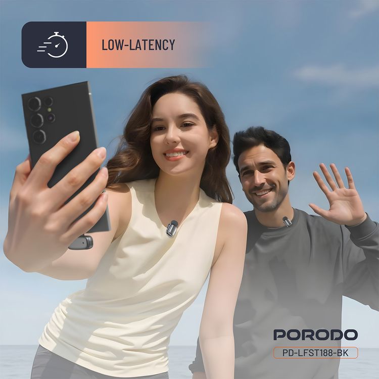 Porodo Wireless Lavalier Microphones with Type-C Connector, Noise Reduction, 33 Hours Working Time with Charging Case, 250mAh Case Battery Capacity, <22ms Latency, Plug & Play - Black