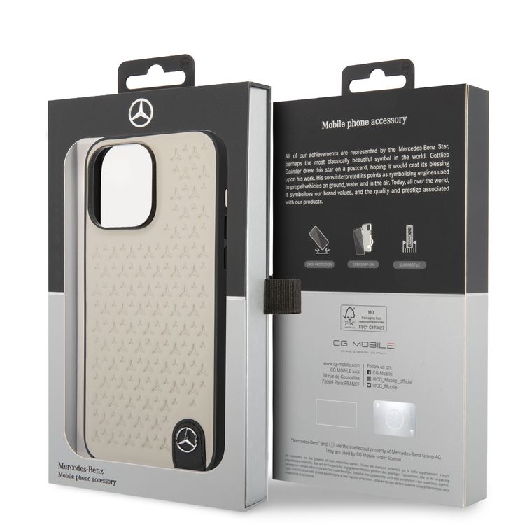 CG MOBILE Mercedes-Benz Genuine Leather Case With Star Pattern, Compatible w/ 14 Pro Max (6.7") Protective Cover, Scratch & Drop Protection, Wireless Charger Compatibility - Grey