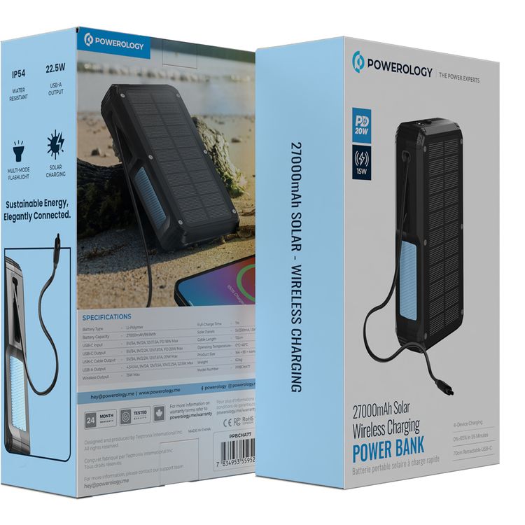 Powerology 27000mAh Solar Wireless Charging Power Bank with Simultaneous Charging, Multi-Mode Flashlight, 0% - 65% Charging in 35 Minutes, 70mm Cable Length - Black