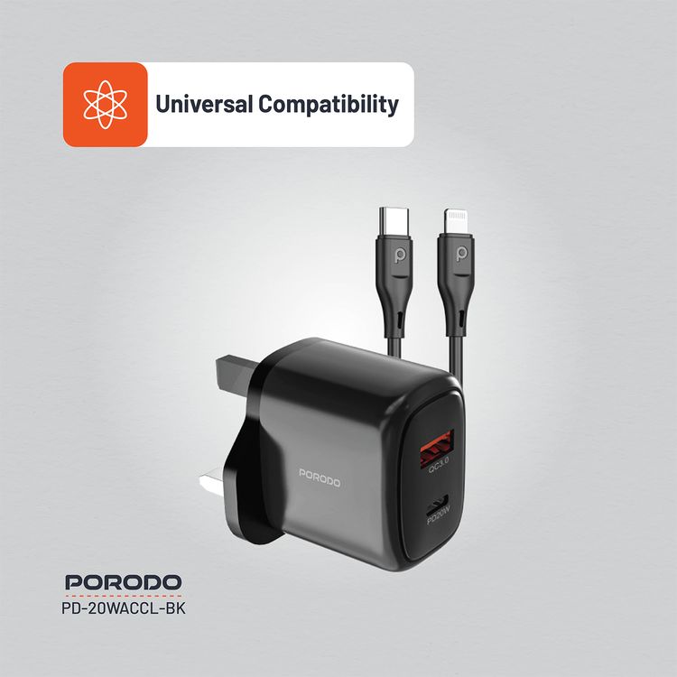 Porodo Dual Output Quick Charger with Type-C to Lightning Cable, 20W Power Delivery, QC 18W, UK 3-Pin Plug, Simultaneous Charging, Universal Compatibility - Black