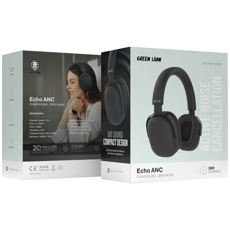 Green Lion ECO ANC Zero Noise Headphones, 300mAh Battery, 2.5 Hours of Charging Time, 40mm Driver, AUX Support, Input Microphone, Bluetooth Version 5.3, Clear Sound, Compact and Portable - Black