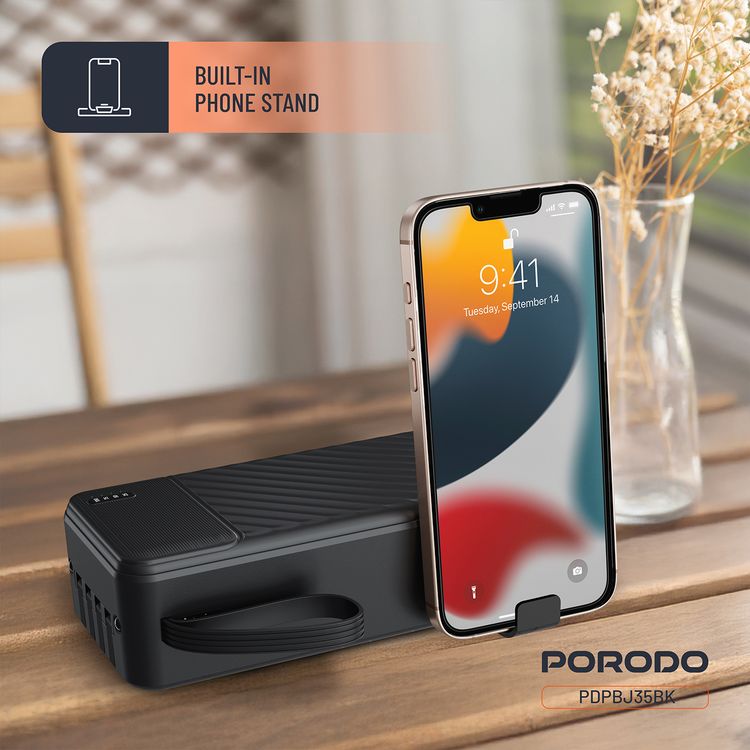 Porodo Piano 30000mAh Power Bank with Flashlight, Portable Handle, Phone Stand, 4 Integrated Cables, USB-A & USB-C & Micro Ports, Fast Charge Support, Universal Compatibility - Black