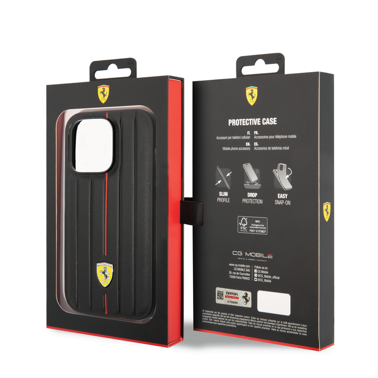 Ferrari Leather Case With Embossed Stripes & Yellow Shield Logo - iPhone 14 Pro Max - Black
