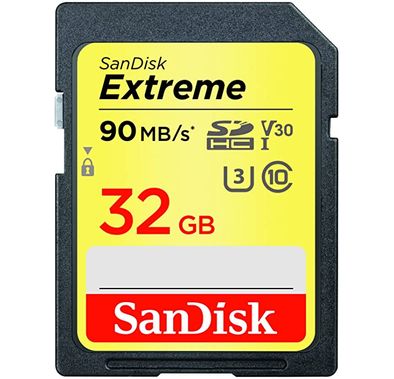SanDisk Extreme 32GB SDHC Memory Card up to 90MB/s, Class 10, U3, V30 - Black