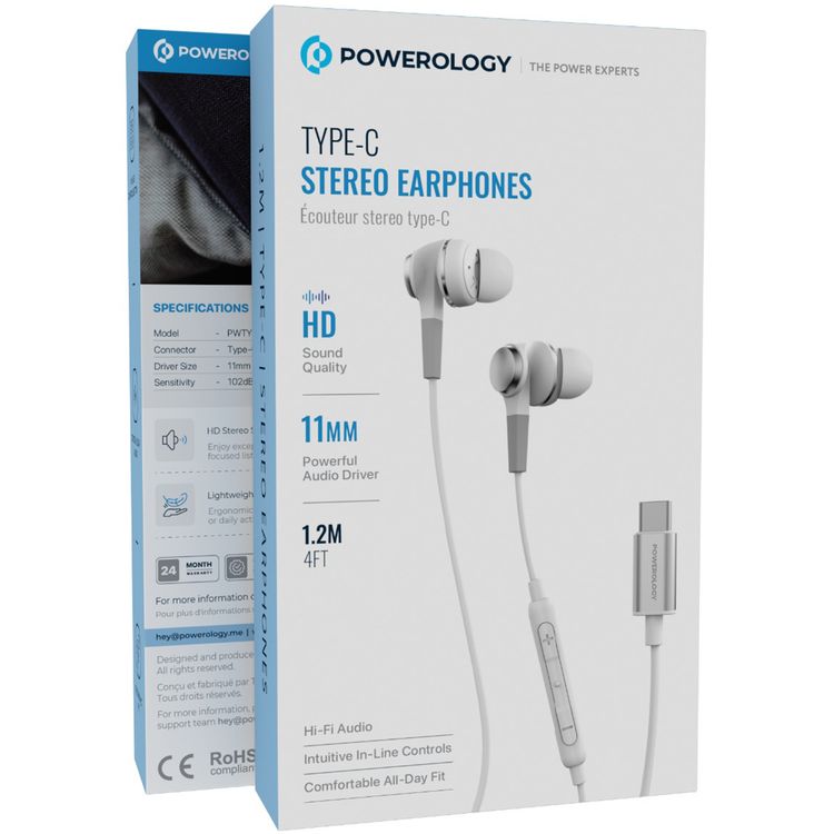 Powerology Stereo Earphones with Type-C Connection, HD Sound Quality, 5mW Power Max, 1.2m Cable Length, Button Control, Hi-Fi Audio, Crystal-Clear Audio, Lightweight & Comfortable Design - White