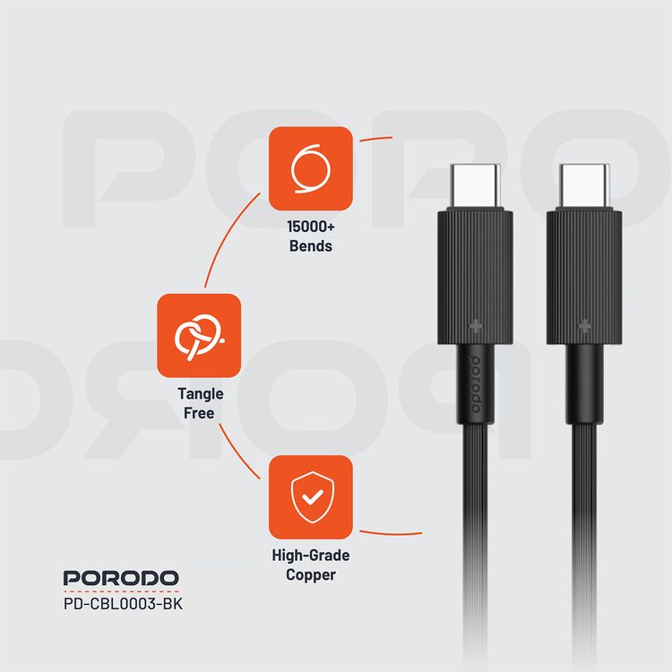 Porodo USB-C to USB C PVC Cable, 480Mbps Transfer Speed, 60W Power Delivery, more than 15000 Bends Life Span, 1.2m Cable Length, Tangle Free - Black