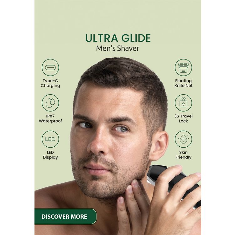 Green Lion Ultra Glide Men's Shaver with 3.7V 600mAh Li-Ion Battery, 1 Hour Working Time, IPX7 Waterproof Rating, 90000 RPM Motor Speed, Type-C Charging, 1.5 Hours Charging Time - Black
