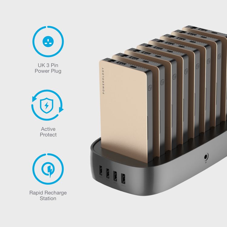 Powerology 8-in-1 Power Bank Station 8000mAh With Built-in Cable, Portable Power Bank and 1 Rapid Recharging Station Compatible iPhone Devices,  Type C Charging Ports - Gold
