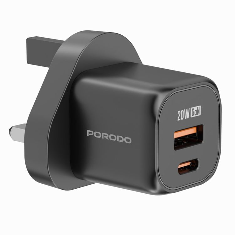 شاحن حائط بمنفذين من بورودو مع كابل USB-C إلى Lightning، حماية من الحرارة الزائدة، شحن متزامن، رفيق موثوق - أسود