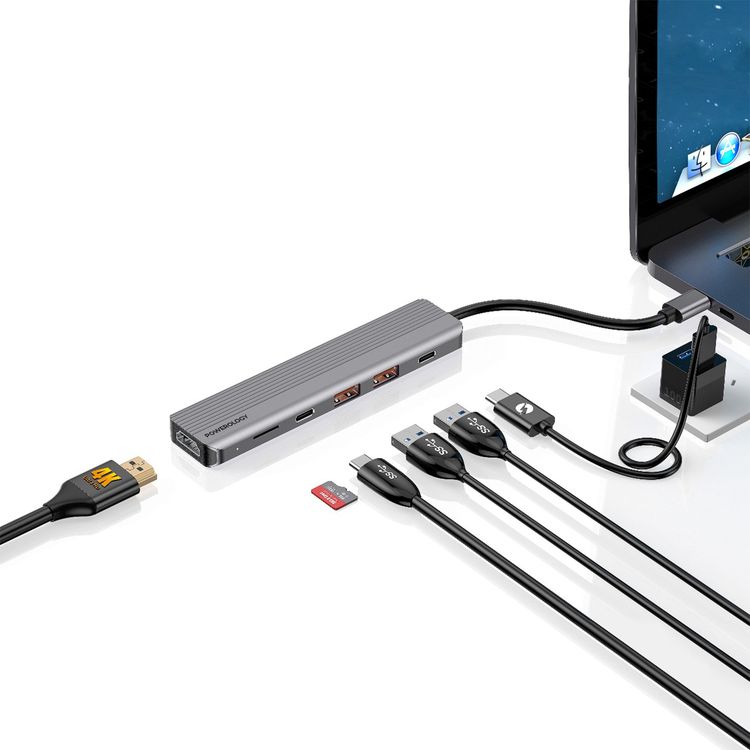 Powerology 6-in-1 Slim USB-C Hub with 4K Ultra HD HDMI, 100W PD, v3.2 10Gbps Super Speed USB-C Data, 2 x v3.2 10Gbps Super Speed USB-C Data, 4K UHD @ 60Hz HDMI, Supports v3.0 MicroSD, Fast Data & Charge - Gray