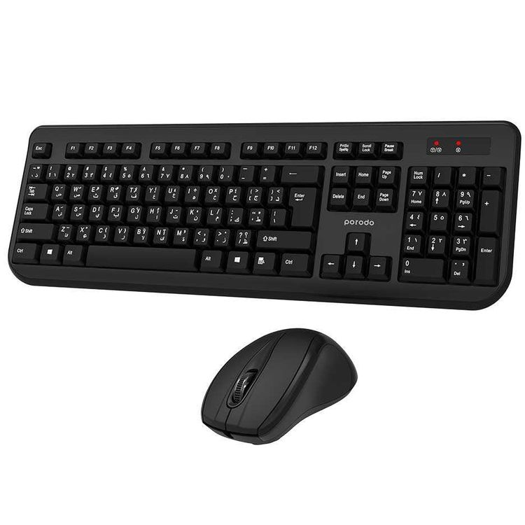 Porodo Wireless Combo Keyboard with Mouse Compatible for Windows / Mac, Adjustable Angle with English & Arabic Keys, Compact Wireless Mouse 1200 DPI - Black