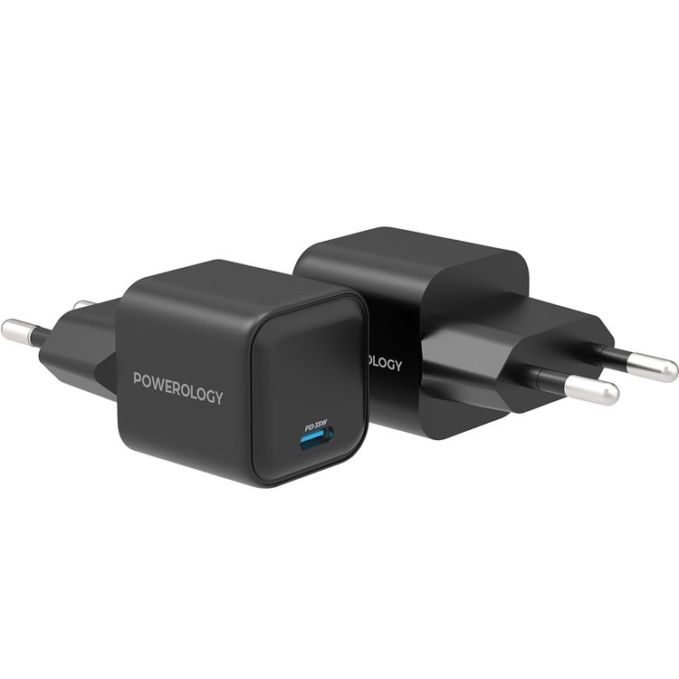 شاحن Powerology 35W Ultra-Quick GaN مع قابس الاتحاد الأوروبي، منفذ إخراج USB-C، شحن سريع، تصميم محمول ومضغوط، حماية مدمجة، مدخل 100-240 فولت - أسود