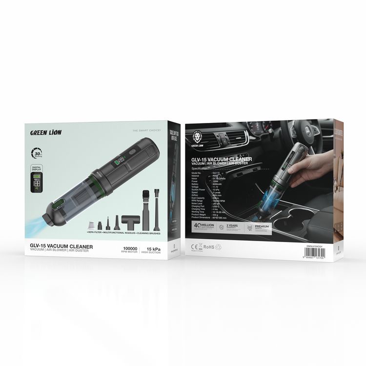 Green Lion GLV-15 Vacuum Cleaner with 100W Rated  Power, Digital Display, 3 Speed Levels, DC Brushless Motor, 200mL Dust Capacity, 6000mAh Battery Capacity, USB-C Charging Port, Home Cleaning, Car Maintenance, Electronics Cleanup, 15kPa High Suction - Gray