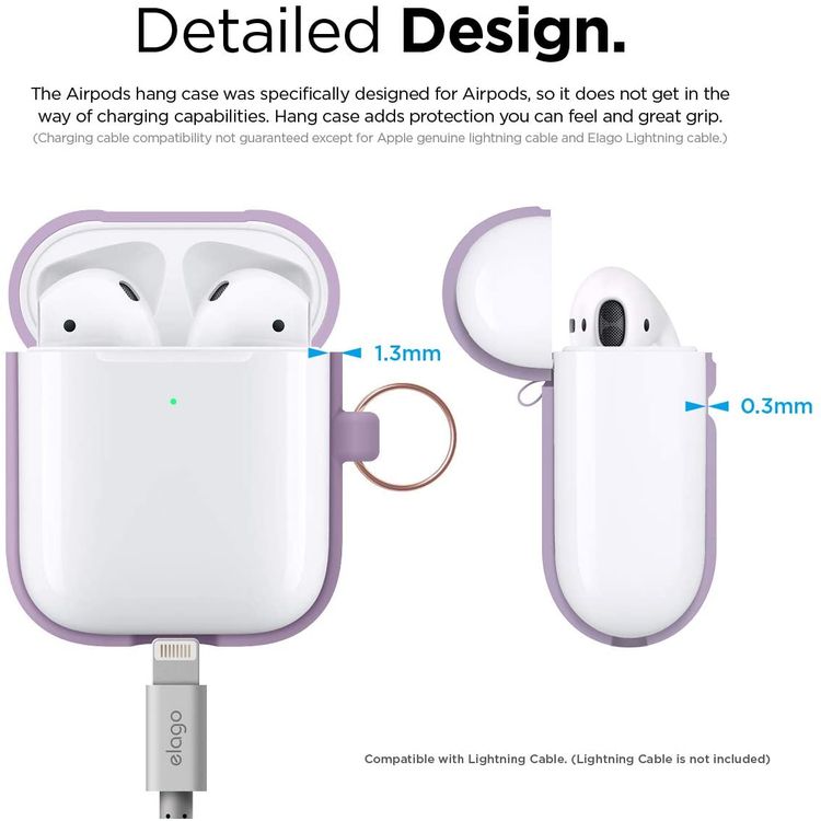 Elago Silicone Case with Anti-Lost Keychain Compatible with Apple AirPods 1/2 Wireless Charging Case, Front LED Visible, Anti-Slip Coating Inside, Premium Silicone - Lavender