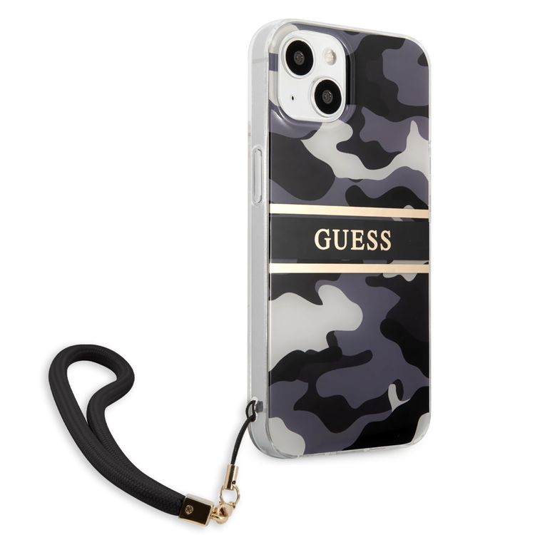 CG MOBILE Guess PC/TPU Case Camo Design & Stripe with Anti-Lost Nylon Strap for iPhone 13 (6.1") Back Cover Suitable with Wireless Chargers Officially Licensed Black