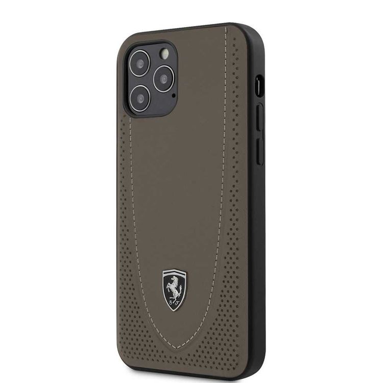Ferrari Off Track Genuine Leather Hard Case with Curved Line Stitched and Contrasted Perforated Leather for iPhone 12 / 12 Pro (6.1") - Brown