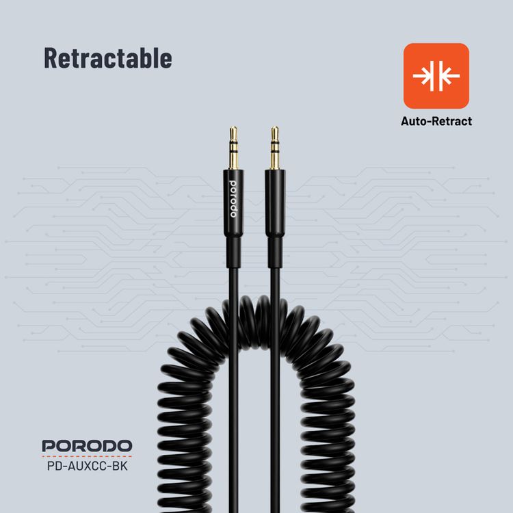 Porodo 3.5mm AUX to 3.5mm AUX Coiled Audio Cable with 1.2m Length, Universal Compatibility, Auto-Retract & Tangle-Free Design - Black