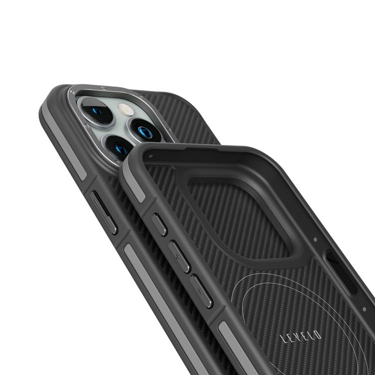 جراب Levelo Ox Carbon لهاتف iPhone 15 Pro Max، متوافق مع MagSafe، زوايا معززة مع واقي هواء، حواف مقاومة للصدمات، مقاومة للخدش 3H، إطار كاميرا مرتفع - رمادي