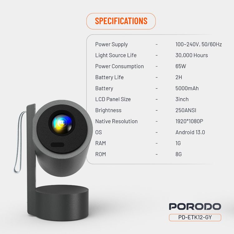 Porodo Full HD Portable Smart Projector with Auto-Focus & Keystone, 65W Power Consumption, 1080 pixels Resolution, Up to 150-inch Projection Size, 2 Hours Battery Life, 30000 Hours Light Source Life, 5000mAh Battery Capacity, 3-inch HD LCD Display, 250 ANSI Brightness, Bluetooth Version 5.0 - Gray