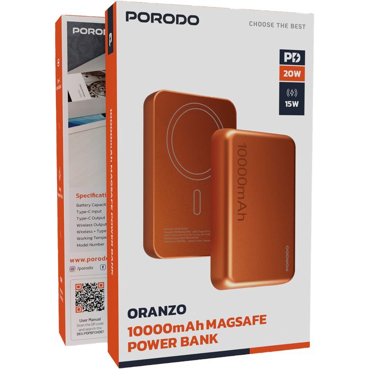   Porodo 10000mAh MagSafe Power Bank with Fast Charge, Portable & Compact Design, Type-C Input, Type-C & Wireless Outputs, 10° C-45° C Working Temperature, Strong Magnetic Hold, 20W Power Delivery - Orange