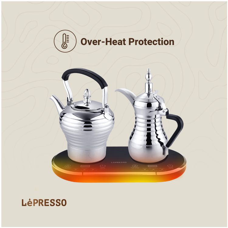 LePresso Electrical Arabic Coffee and Tea Dallah with Over-Heat Protection, 800mL Tea Pot Capacity, 750mL Coffee Pot Capacity, Simultaneous Preparation, Keep Warm   - Silver