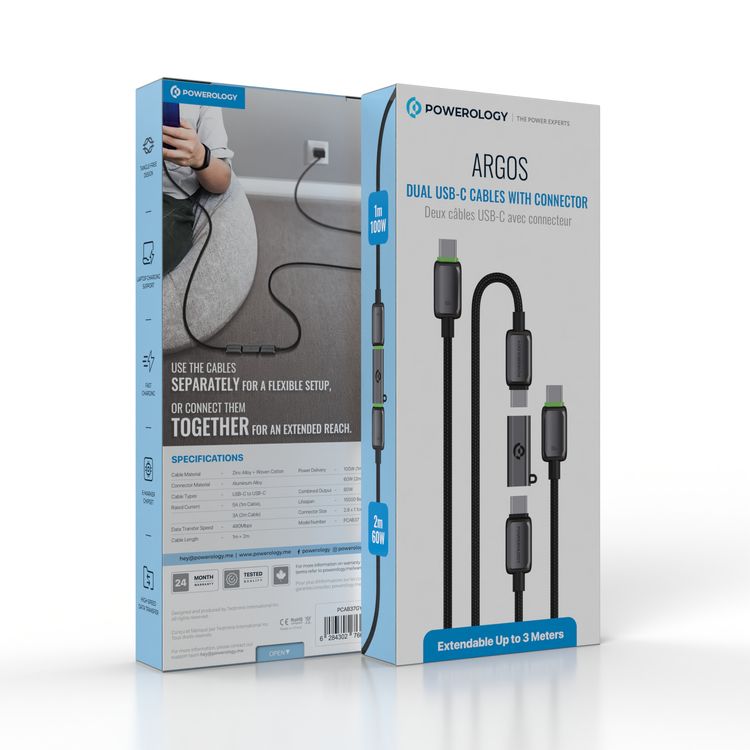 Powerology Argos Dual USB-C Cables with Connector, Extendable Up to 3m, Laptop Charging Support, E-Marker Chipset, Tangle-Free Design - Gray