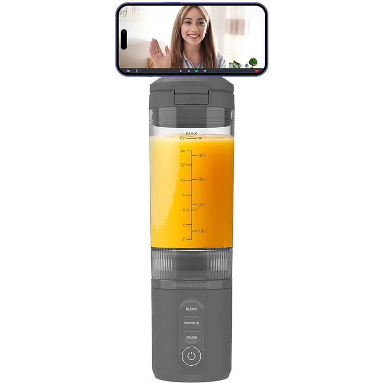 Powerology MagBlend Portable Blender with Magnetic Phone Mount, 6 Sharp Steel Blades, Powerful Ice Crushing, Multi-Mode Blending, 470mL Capacity, Fits to Car Cup Holders - Gray