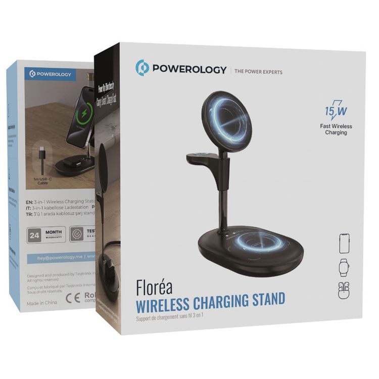 Powerology Floréa 3-in-1 Wireless Charging Stand with 40° Adjustable Viewing Angle, Up to 15W Phone Charging Output, 3W Earbuds Charging Output, 2.5W Watch Charging Output, 1m USB-C Cable, 360° Rotation, Stable Weighted Base, Strong Magnetic Hold - Black