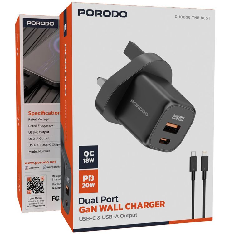 Porodo Dual Port Wall Charger with USB-C to Lightning Cable, Over-Heat Protection, Simultaneous Charging, Reliable Companion - Black