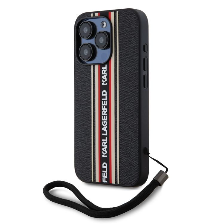 جراب Karl Lagerfeld PU الصلب مع شرائط رياضية لهاتف iPhone 16 Pro Max، خفيف الوزن، مادة عالية الجودة، قبضة مريحة وآمنة - أحمر
