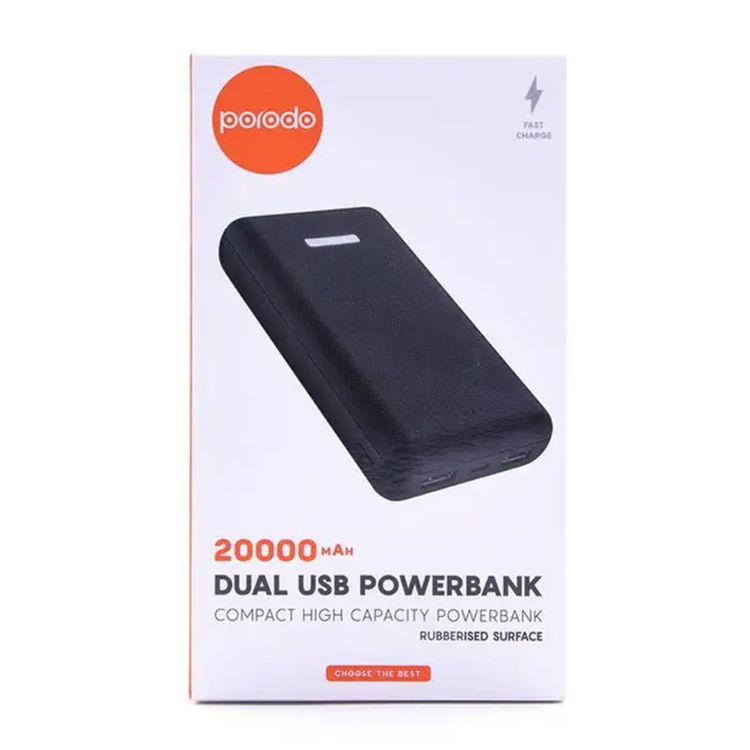 Porodo Dual USB Universal Power Bank 20000mAh with Rubberised Surface, Compact Slim Design, Portable, LED Indicator, Compatible with Smartphones - Black