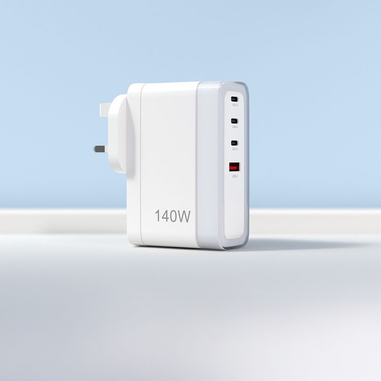 Powerology Lunex Series 4-Port Fast Charging Adapter with 140W PD USB-C Output, 27W QC USB-A Output, Multi-Device Charging, Powerful Laptop Charging, Universal Protocol Support - White