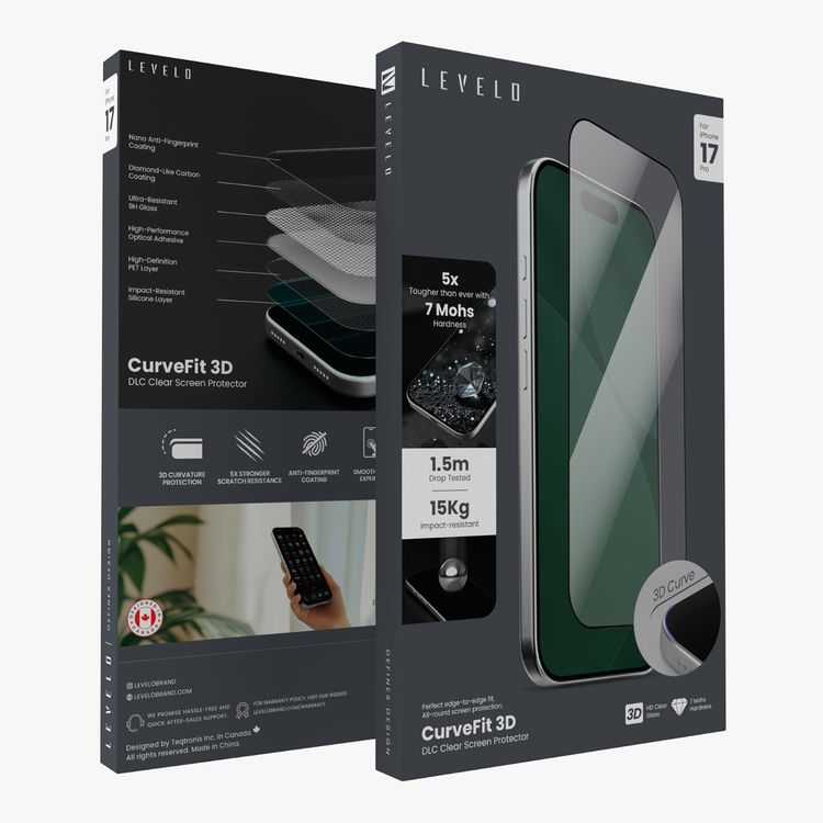 Levelo Curve Fit 3D DLC Clear Screen Protector for iPhone 17 Pro, High-Performance Optical Adhesive, Impact-Resistant Silicone Layer, Edge-to-Edge Fit, Smooth Touch Experience, Anti-Fingerprint, Oleophobic Coating - Clear