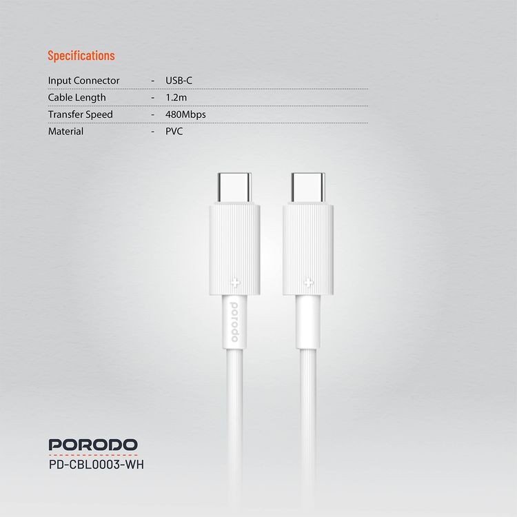 Porodo USB-C to USB-C PVC Cable, 480Mbps Transfer Speed, 60W Power Delivery, more than 15000 Bends Life Span, 1.2m Cable Length, Tangle Free - White