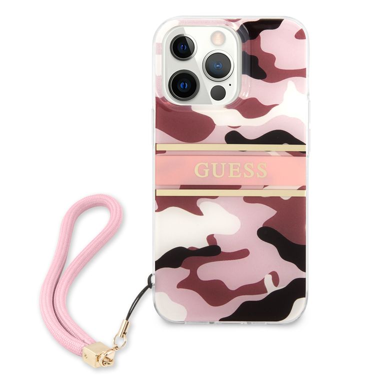 CG MOBILE Guess PC/TPU Case Camo Design & Stripe with Anti-Lost Nylon Strap for iPhone 13 Pro Max (6.7") Back Cover Suitable with Wireless Charging Officially Licensed Pink